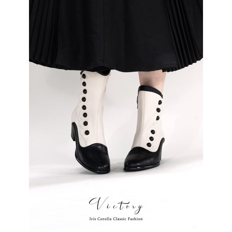 Victorian Round Toe Buttoned Short Boots - Black Ivory[2025年11月上旬-11月下旬発送予定]