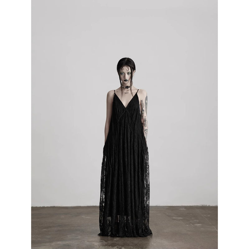 Dark Night Flower Embroidered Lace Camisole Dress