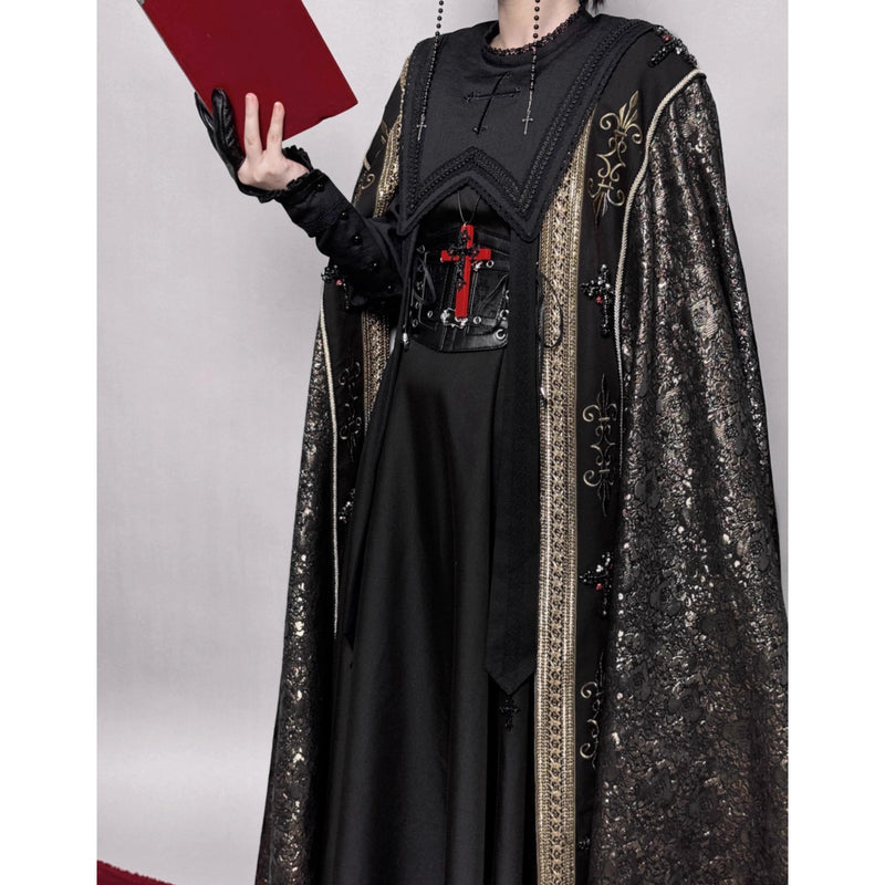月夜の修道女の刺繍ロングマント - Black Gold[2025年12月上旬-2026年1月上旬発送予定]