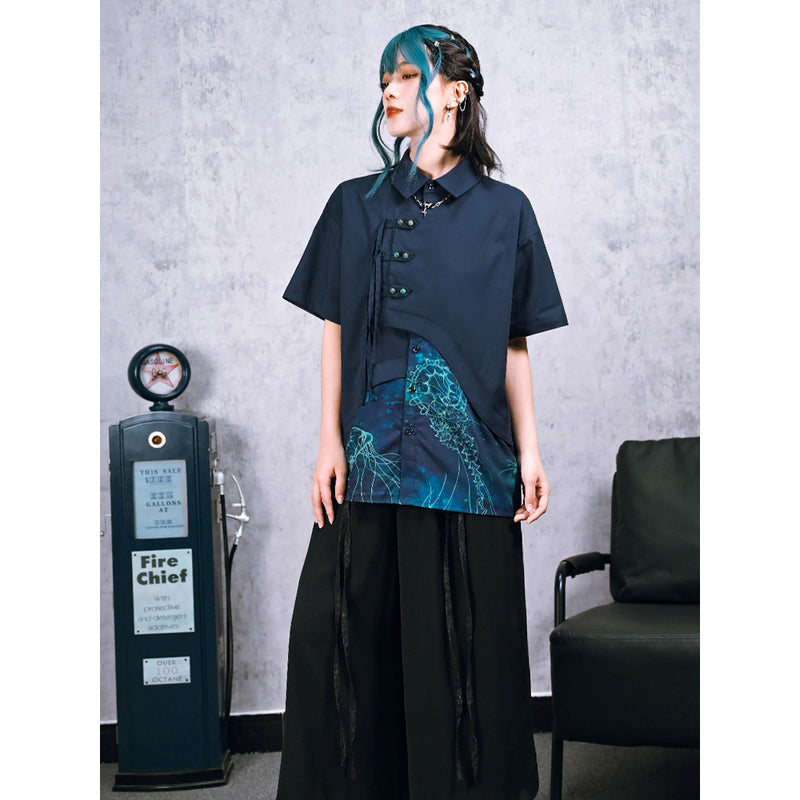 深藍の海月のアシンメトリーブラウス