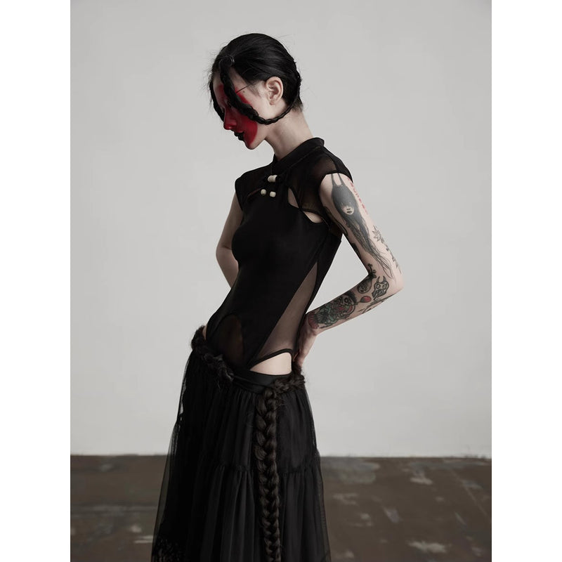 Black China Sleeveless Bodysuit