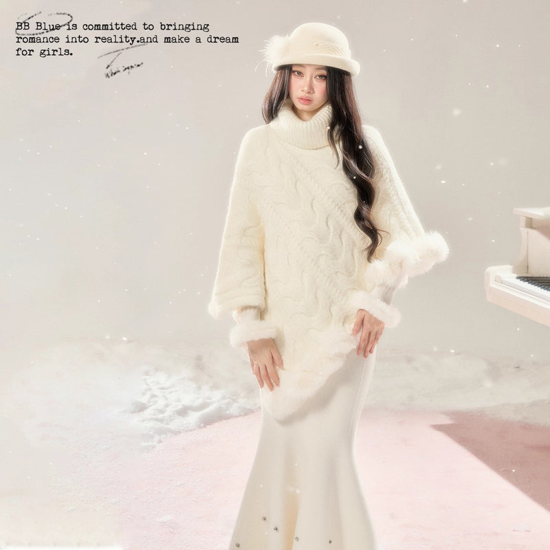 High-neck Knit Shawl Cape