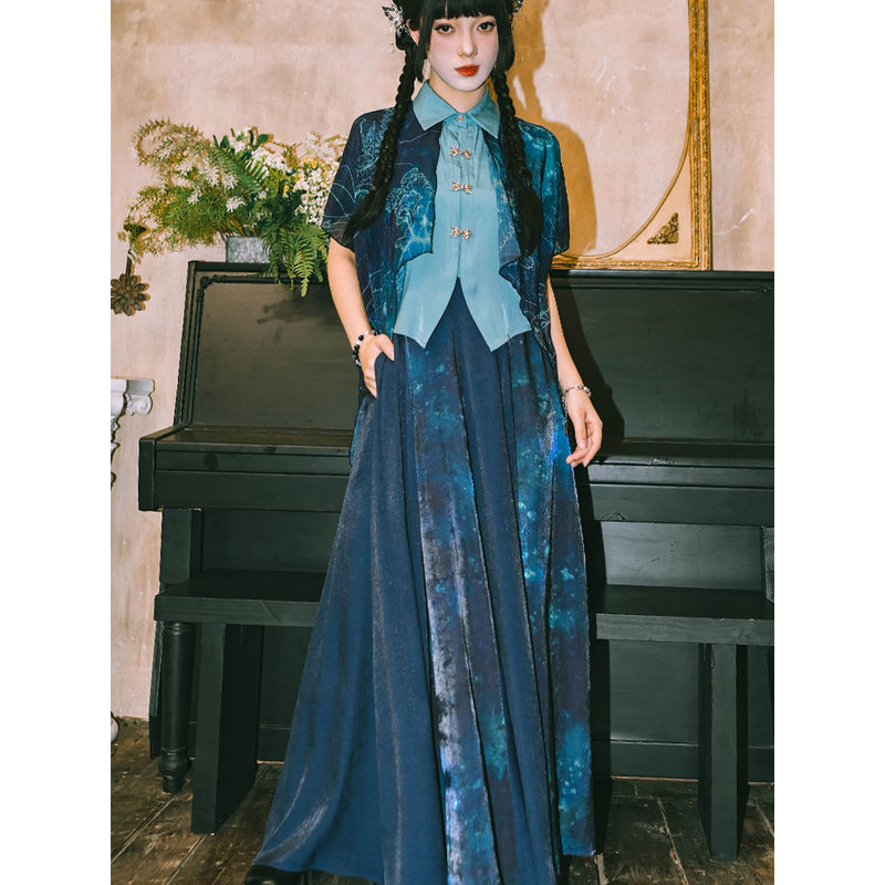 深藍の海月のシフォンブラウス