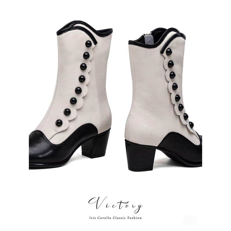 Victorian Round Toe Buttoned Short Boots - Black Ivory[2024年11月下旬-12月中旬発送予定]