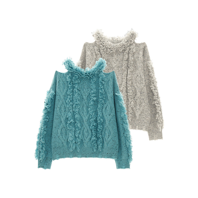 Loose Knitted Sweater with Cable Fringe