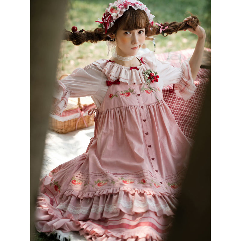 いちご摘みの刺繍トップスとスカートとブラウス - Pink[2026年2月上旬-3月上旬発送予定]