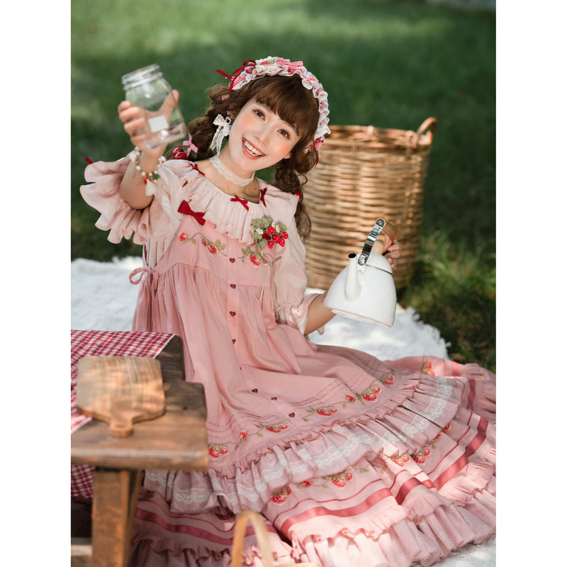 いちご摘みの刺繍トップスとスカートとブラウス - Pink[2026年2月上旬-3月上旬発送予定]