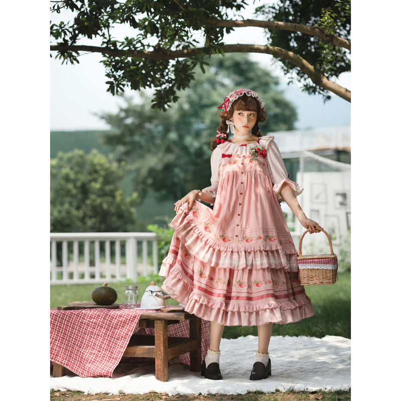 いちご摘みの刺繍トップスとスカートとブラウス - Pink[2026年2月上旬-3月上旬発送予定]