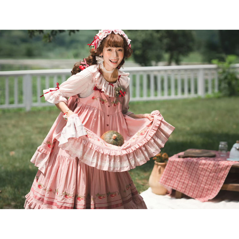 いちご摘みの刺繍トップスとスカートとブラウス - Pink[2026年2月上旬-3月上旬発送予定]