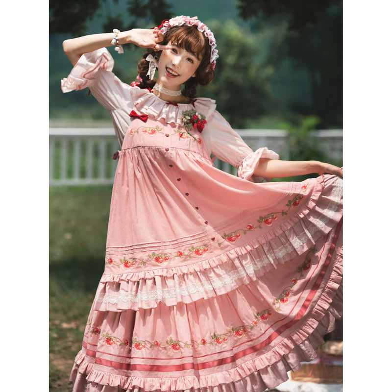 いちご摘みの刺繍トップスとスカートとブラウス - Pink[2026年2月上旬-3月上旬発送予定]