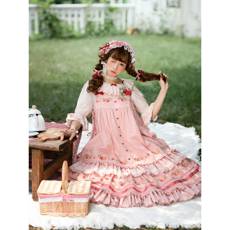 いちご摘みの刺繍トップスとスカートとブラウス - Pink[2026年2月上旬-3月上旬発送予定]