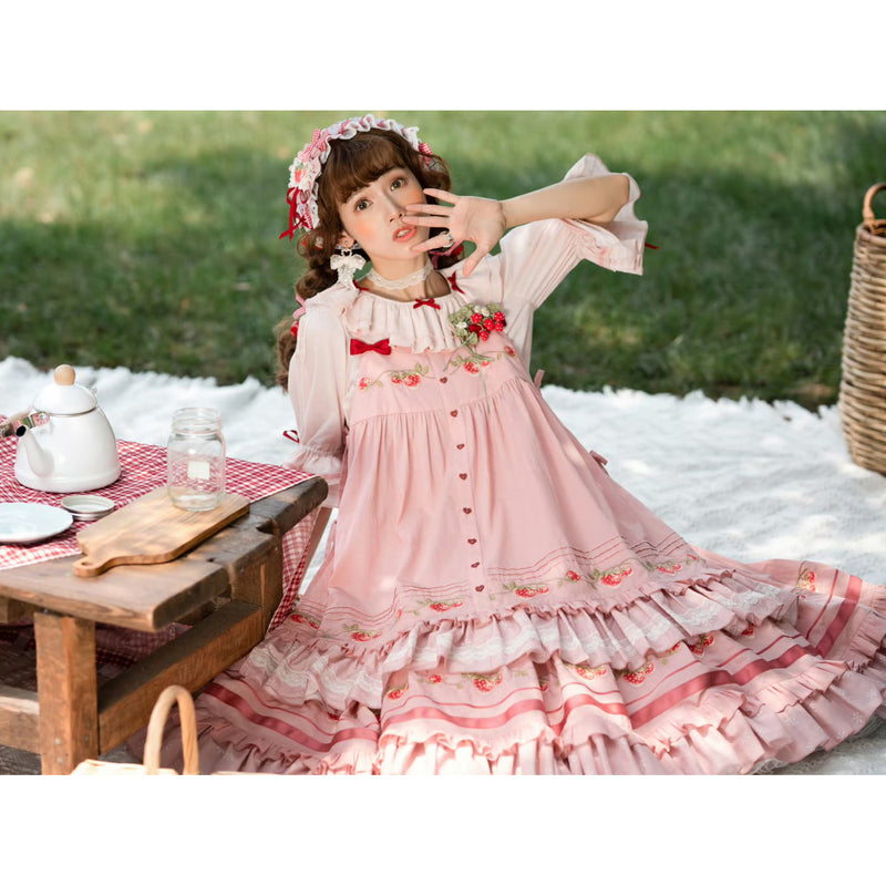 いちご摘みの刺繍トップスとスカートとブラウス - Pink[2026年2月上旬-3月上旬発送予定]