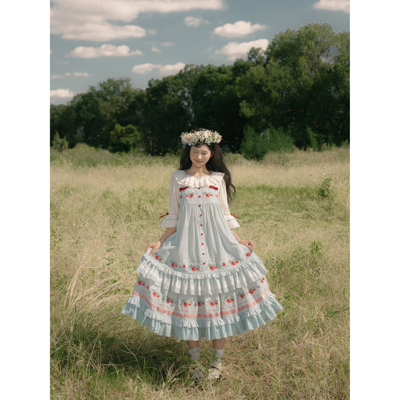 いちご摘みの刺繍トップスとスカートとブラウス - Light Blue[2026年2月上旬-3月上旬発送予定]