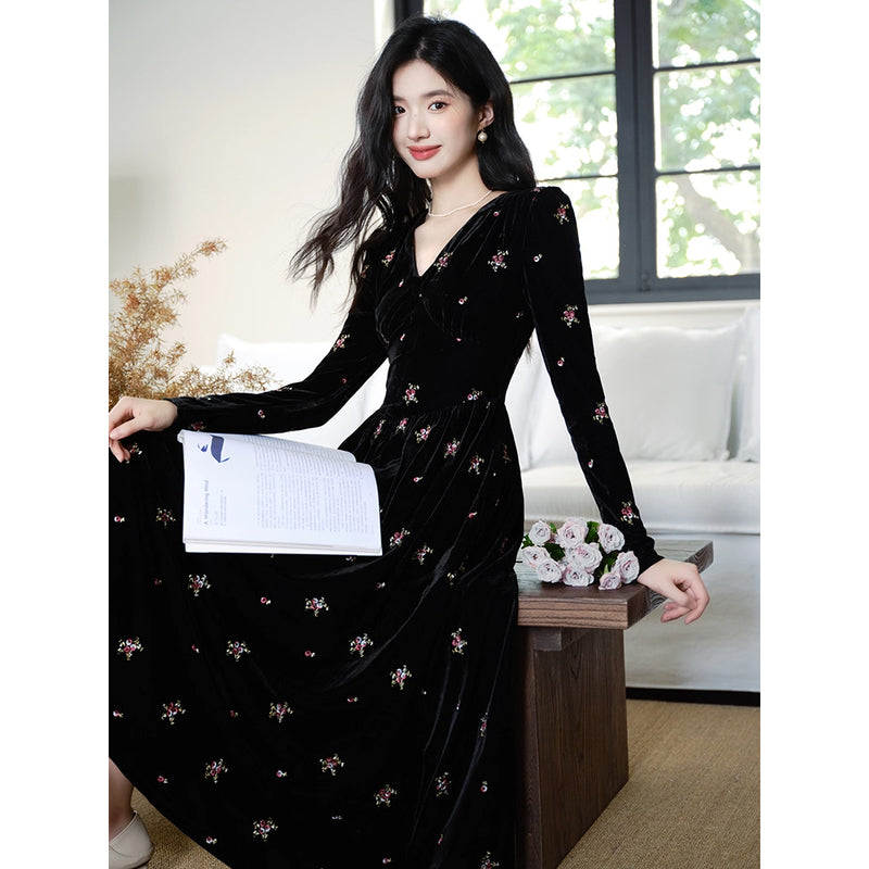 Black Floral Embroidered Velvet Dress