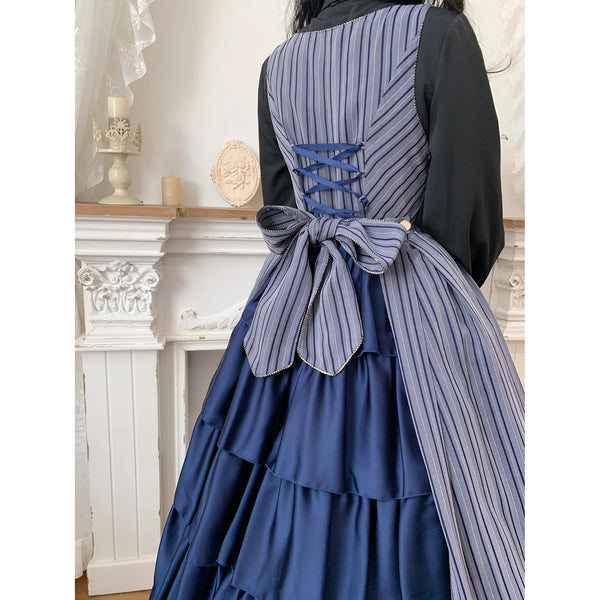 西洋令嬢の縦縞クラシカルジャンパースカート - Navy Gray[2026年1月上旬-1月下旬発送予定]