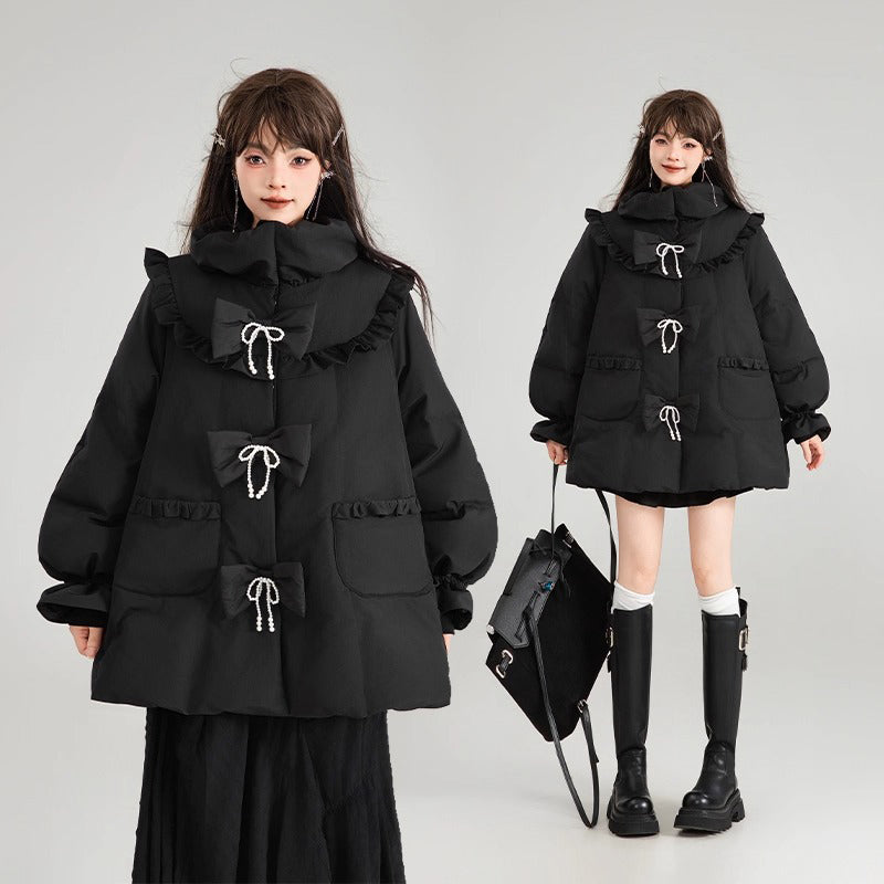 黒のお嬢様のリボンダウンジャケット