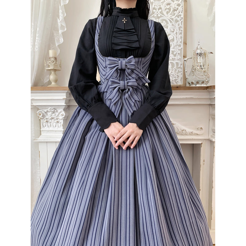 西洋令嬢の縦縞クラシカルジャンパースカート - Navy Gray[2026年1月上旬-1月下旬発送予定]