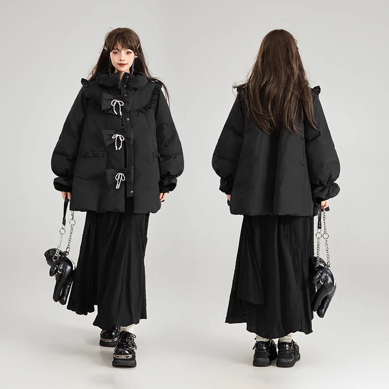 黒のお嬢様のリボンダウンジャケット