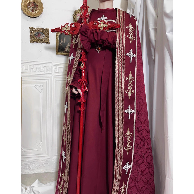 月夜の修道女の刺繍ロングマント - Wine Red × Gold[2025年12月上旬-2026年1月上旬発送予定]