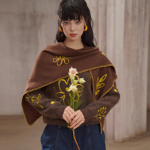植物の刺繍ウールマフラー