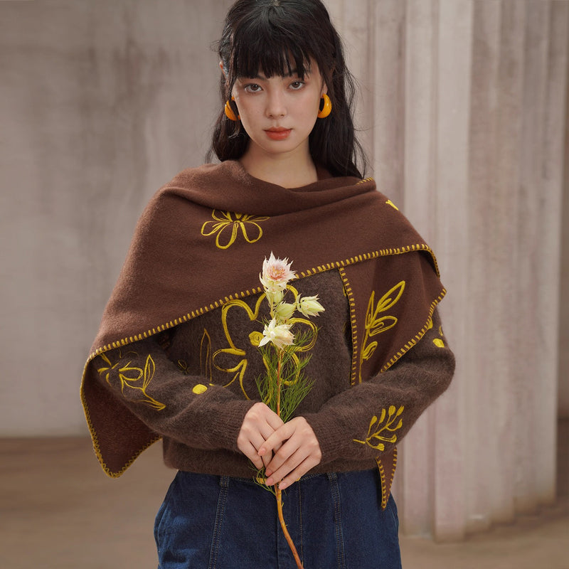 植物の刺繍ウールマフラー
