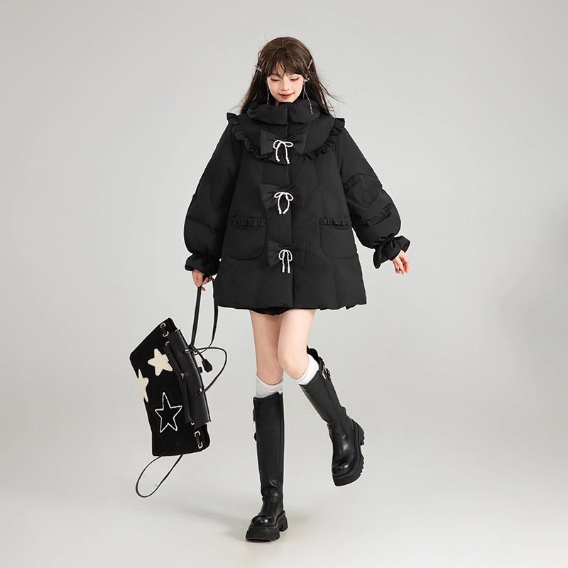 黒のお嬢様のリボンダウンジャケット