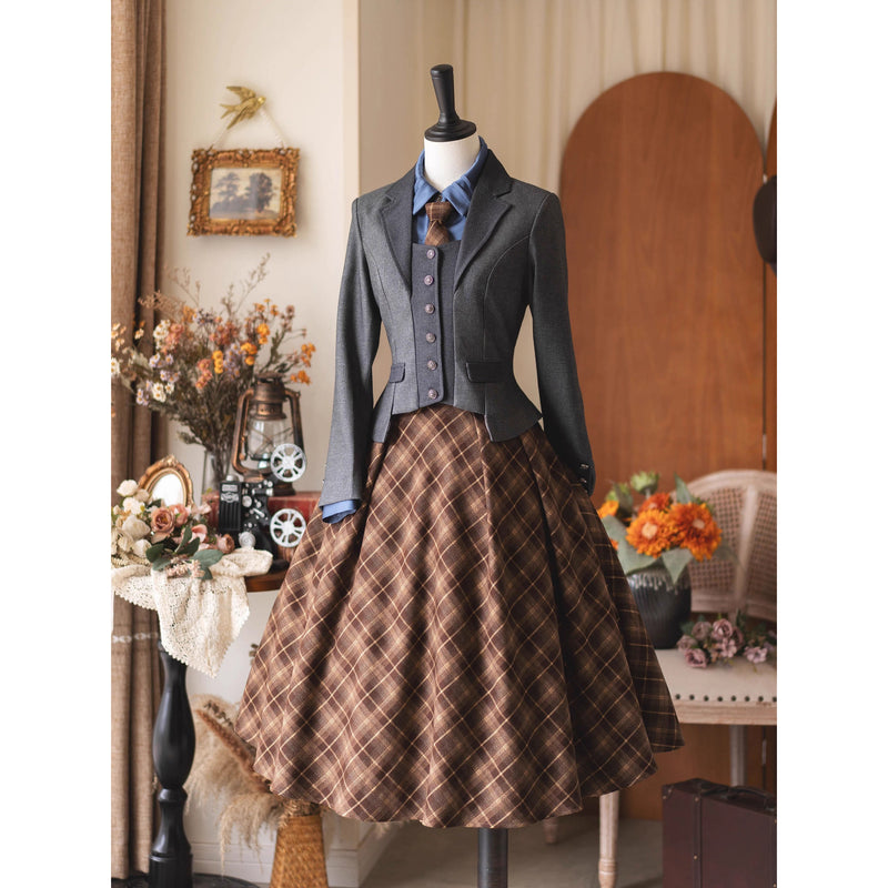 英国のお嬢様のクラシカルジャンパースカート - Brown Checked[2025年12月中旬発送予定]