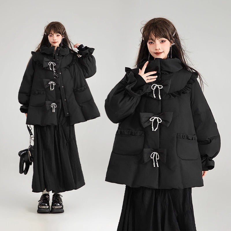 黒のお嬢様のリボンダウンジャケット