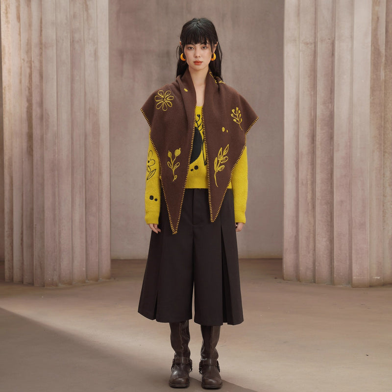 植物の刺繍ウールマフラー