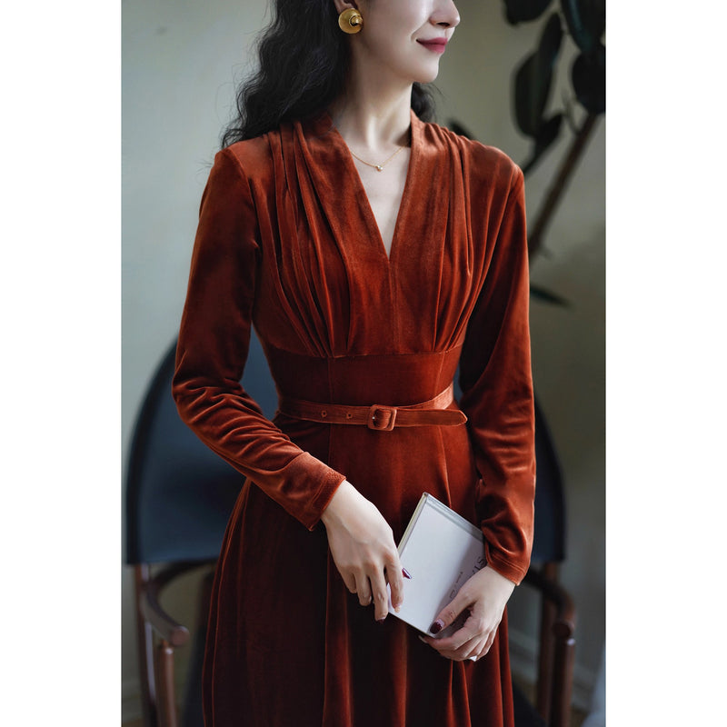 赤銅色の貴婦人ベルベットワンピース