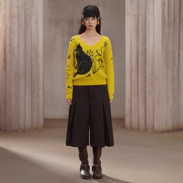 黒猫と花の刺繍ニットセーター