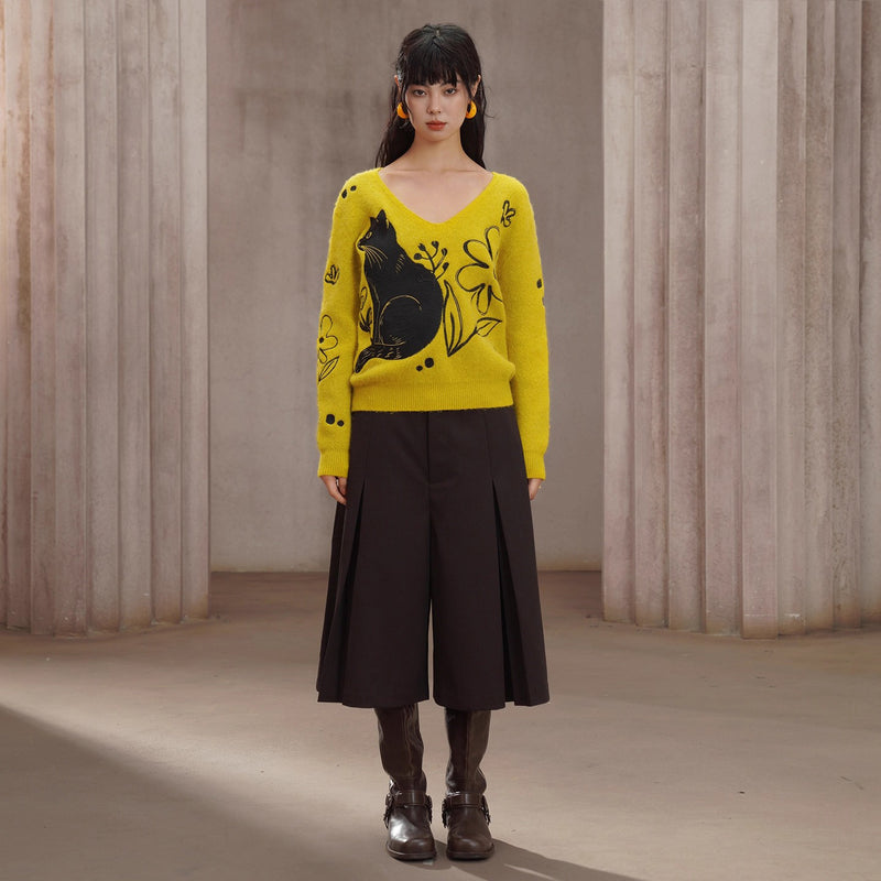 黒猫と花の刺繍ニットセーター