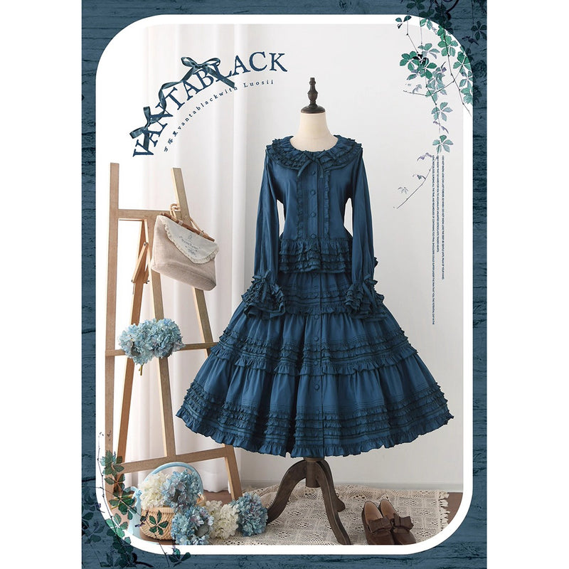 孔雀青のお嬢様のフリルトップスとティアードスカートとホワイトエプロン