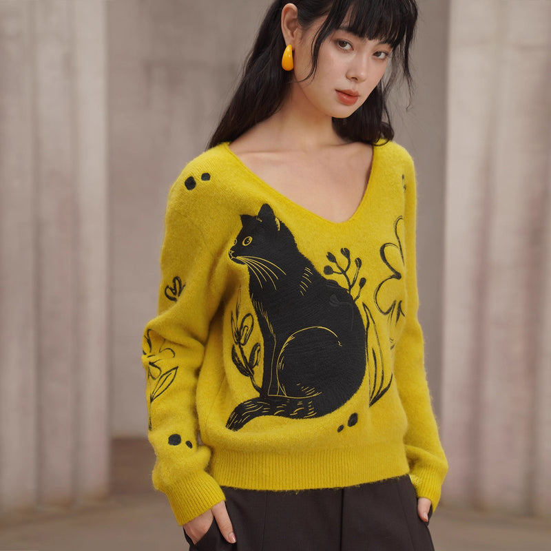 黒猫と花の刺繍ニットセーター