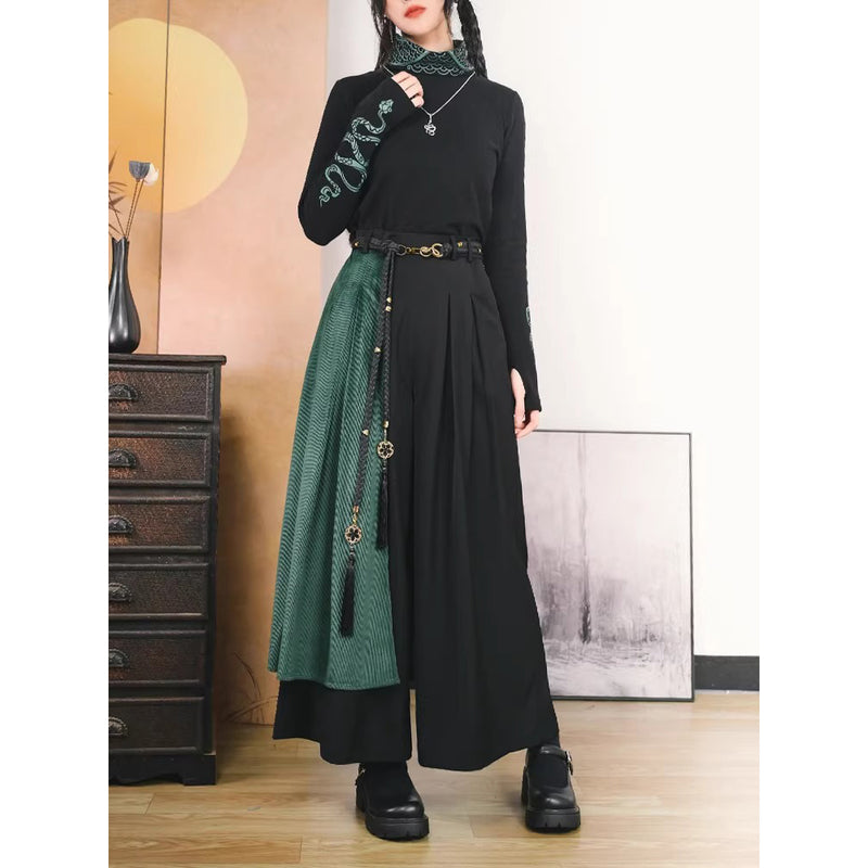 黒緑の蛇刺繍ドレープワイドパンツ