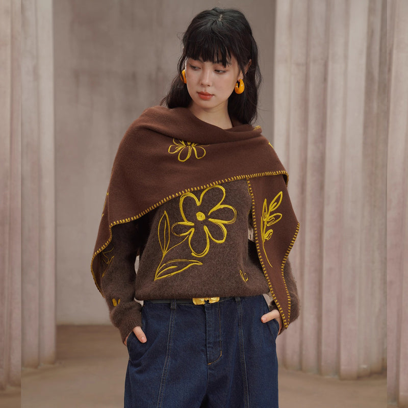 植物の刺繍ウールマフラー