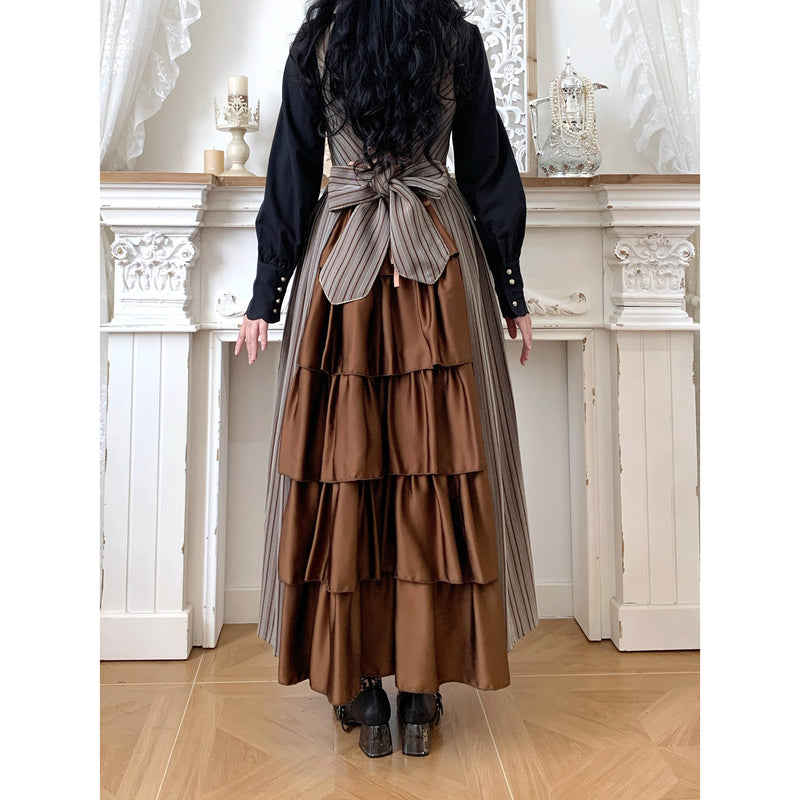 西洋令嬢の縦縞クラシカルジャンパースカート - Light Brown[2026年1月上旬-1月下旬発送予定]