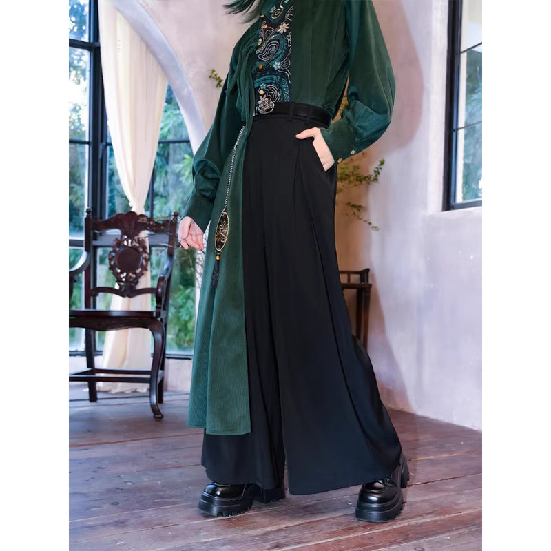 黒緑の蛇刺繍ドレープワイドパンツ