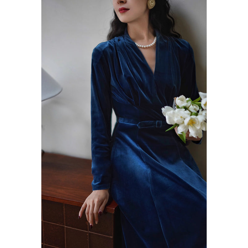 紺藍色の貴婦人ベルベットワンピース