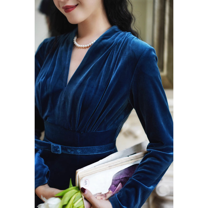 紺藍色の貴婦人ベルベットワンピース