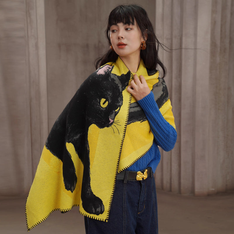 黒猫の挿絵ニットストール