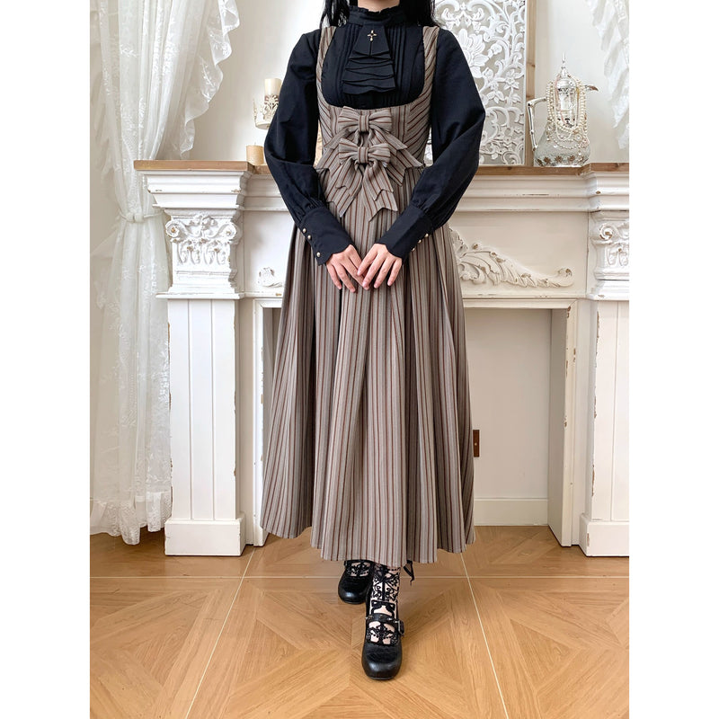 西洋令嬢の縦縞クラシカルジャンパースカート - Light Brown[2026年1月上旬-1月下旬発送予定]