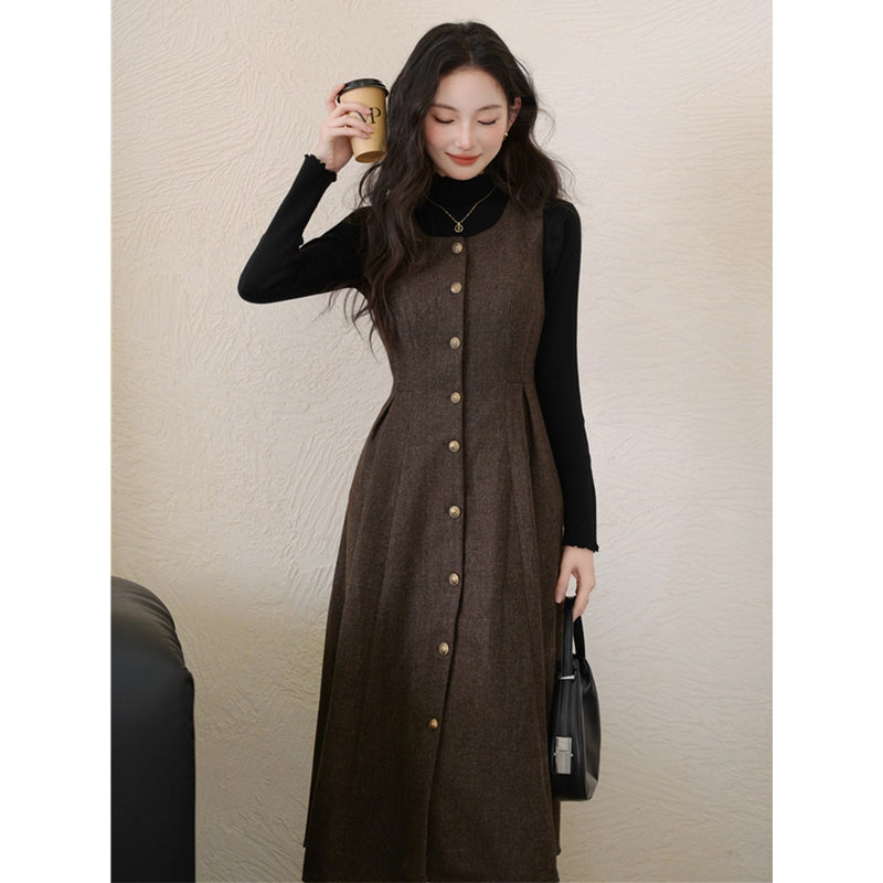 Dark Brown Jumper Skirt and Black Knit Top