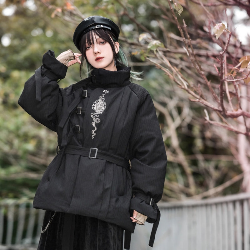 龍と牡丹の刺繍ダウンジャケット