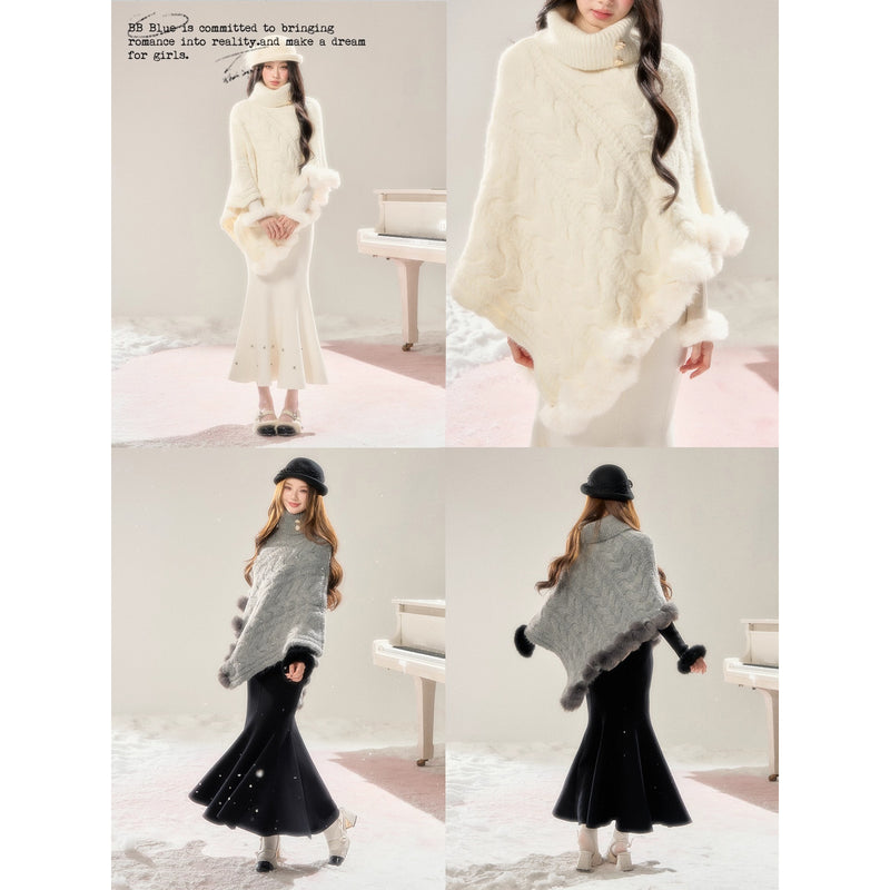 High-neck Knit Shawl Cape