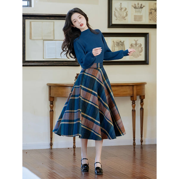 Blue-Brown Checkered Retro Skirt and Blue Knit Sweater