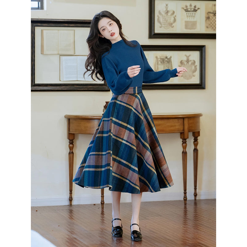 Blue-Brown Checkered Retro Skirt and Blue Knit Sweater