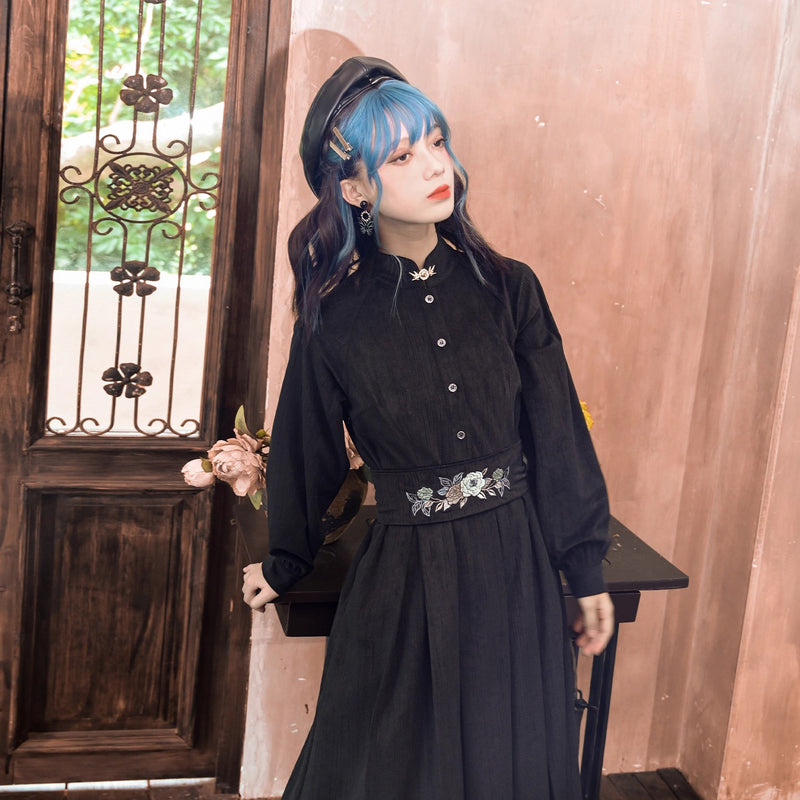 椿の花と鶯の刺繍コルセットワンピース