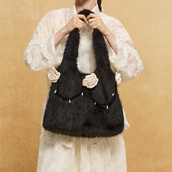 椿の花のファートートバッグ - Black