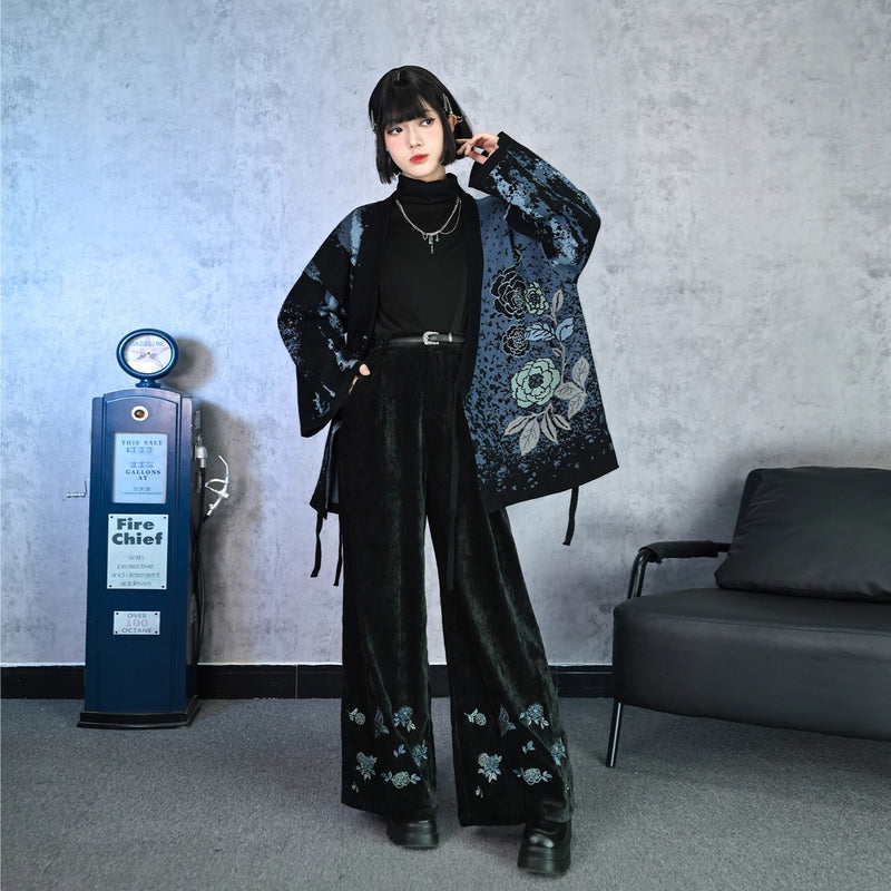 椿の花と鶯の刺繍ワイドパンツ